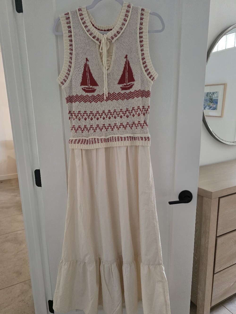 **Final Chance**NWT ANTHROPOLOGIE Moon River Red Sailboat Midi Dress Knit Bodice - Picture 2 of 5